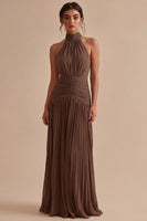 Load image into Gallery viewer, Dark Coffee Ruched Halter Long A Line Backless Formal Dress