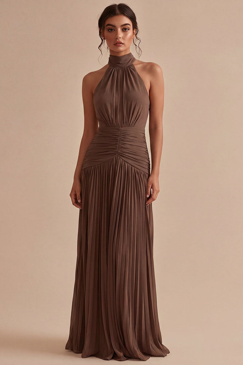 Load image into Gallery viewer, Dark Coffee Ruched Halter Long A Line Backless Formal Dress