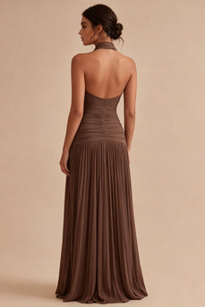 Dark Coffee Ruched Halter Long A Line Backless Formal Dress