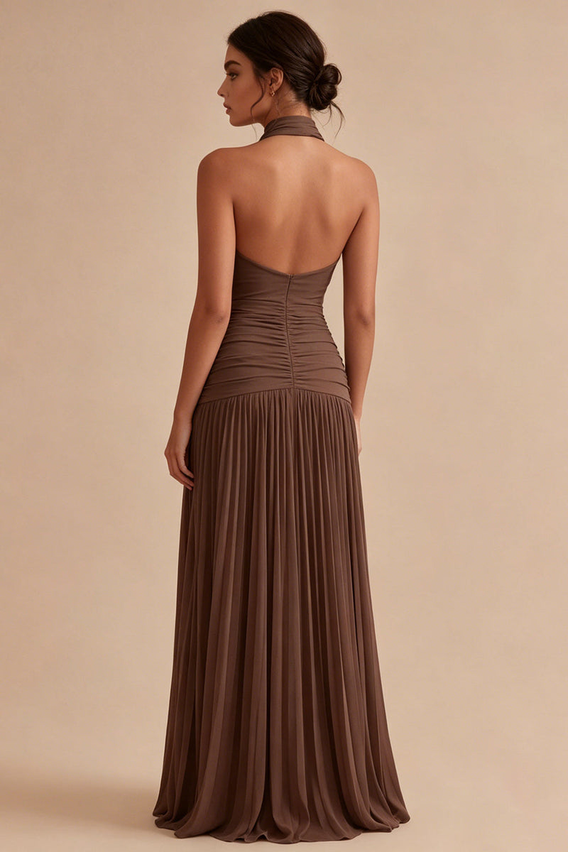 Load image into Gallery viewer, Dark Coffee Ruched Halter Long A Line Backless Formal Dress