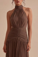 Load image into Gallery viewer, Dark Coffee Ruched Halter Long A Line Backless Formal Dress