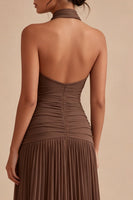 Load image into Gallery viewer, Dark Coffee Ruched Halter Long A Line Backless Formal Dress