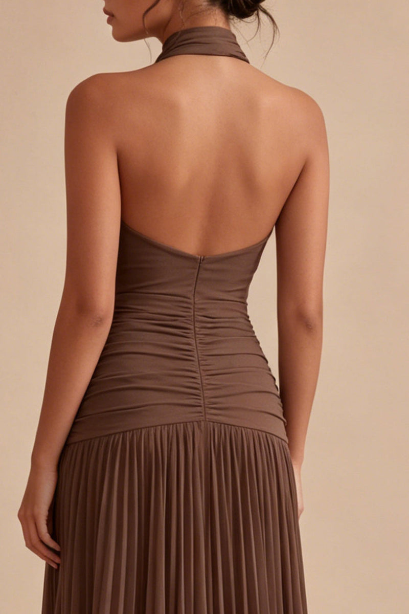 Load image into Gallery viewer, Dark Coffee Ruched Halter Long A Line Backless Formal Dress