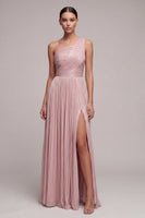Load image into Gallery viewer, Dusty Rose Pleated One Shoulder A Line Long Formal Dress with Slit