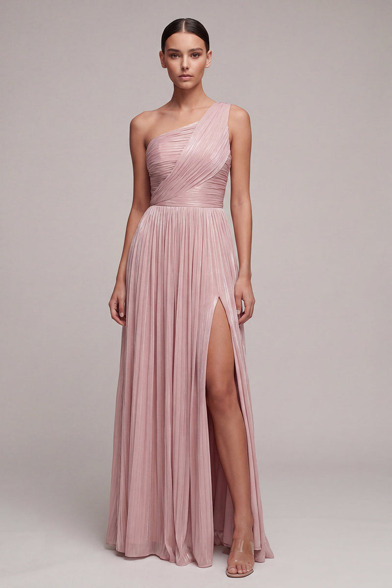 Load image into Gallery viewer, Dusty Rose Pleated One Shoulder A Line Long Formal Dress with Slit