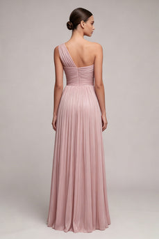 Dusty Rose Pleated One Shoulder A Line Long Formal Dress with Slit