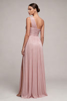 Load image into Gallery viewer, Dusty Rose Pleated One Shoulder A Line Long Formal Dress with Slit