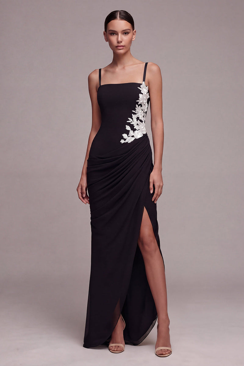 Load image into Gallery viewer, Black Square Neck Mermaid Floral Long Formal Dress with Slit