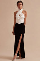 Load image into Gallery viewer, Black and White Keyhole Halter Backless Long Mermaid Formal Dress with Slit