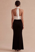 Load image into Gallery viewer, Black and White Keyhole Halter Backless Long Mermaid Formal Dress with Slit