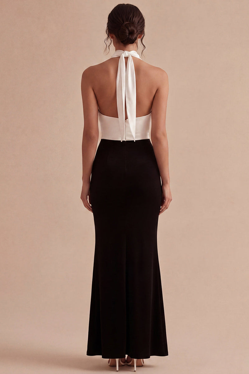 Load image into Gallery viewer, Black and White Keyhole Halter Backless Long Mermaid Formal Dress with Slit