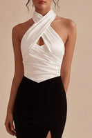 Load image into Gallery viewer, Black and White Keyhole Halter Backless Long Mermaid Formal Dress with Slit