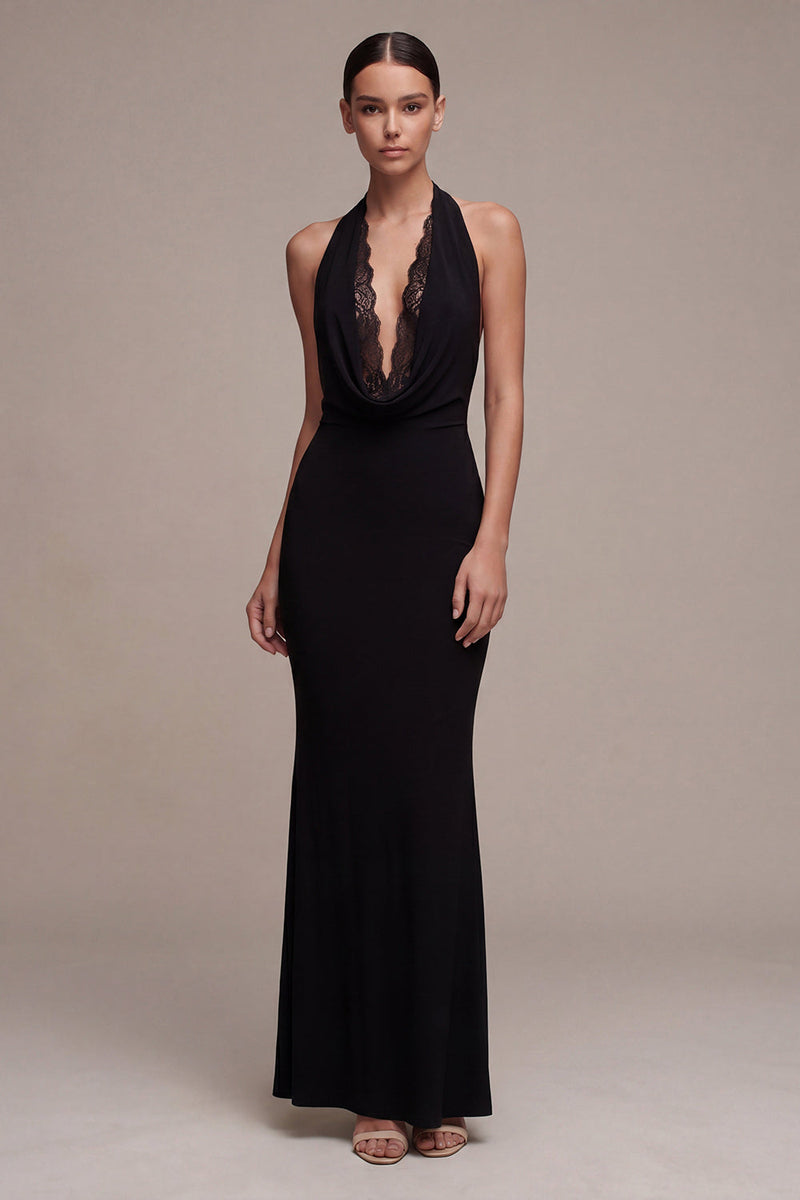 Load image into Gallery viewer, Black Halter Mermaid Backless Long Formal Dress with Lace