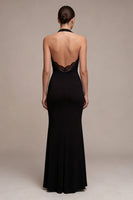 Load image into Gallery viewer, Black Halter Mermaid Backless Long Formal Dress with Lace