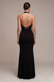 Black Halter Mermaid Backless Long Formal Dress with Lace