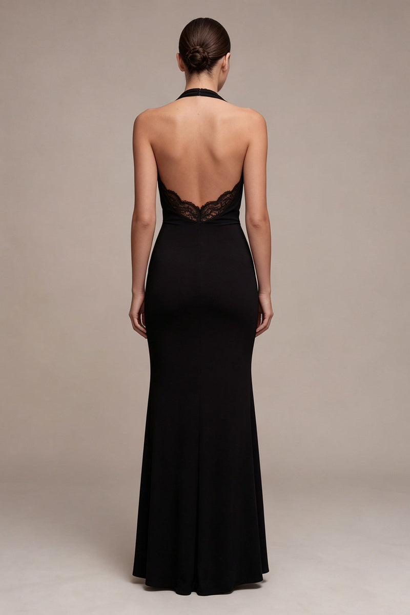 Load image into Gallery viewer, Black Halter Mermaid Backless Long Formal Dress with Lace