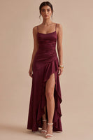 Load image into Gallery viewer, Burgundy Ruffled Mermaid Spaghetti Straps Long Formal Dress with Slit