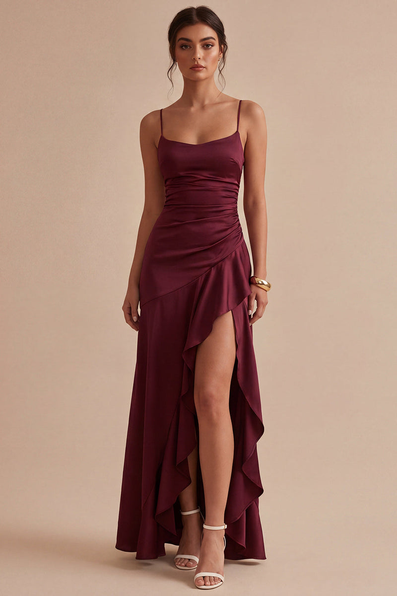 Load image into Gallery viewer, Burgundy Ruffled Mermaid Spaghetti Straps Long Formal Dress with Slit
