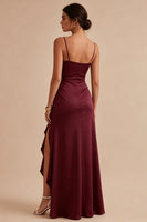 Load image into Gallery viewer, Burgundy Ruffled Mermaid Spaghetti Straps Long Formal Dress with Slit