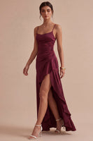 Load image into Gallery viewer, Burgundy Ruffled Mermaid Spaghetti Straps Long Formal Dress with Slit