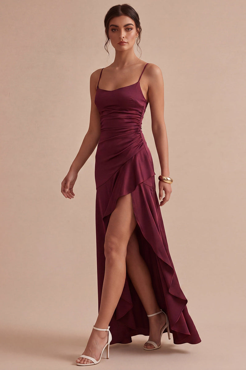 Load image into Gallery viewer, Burgundy Ruffled Mermaid Spaghetti Straps Long Formal Dress with Slit