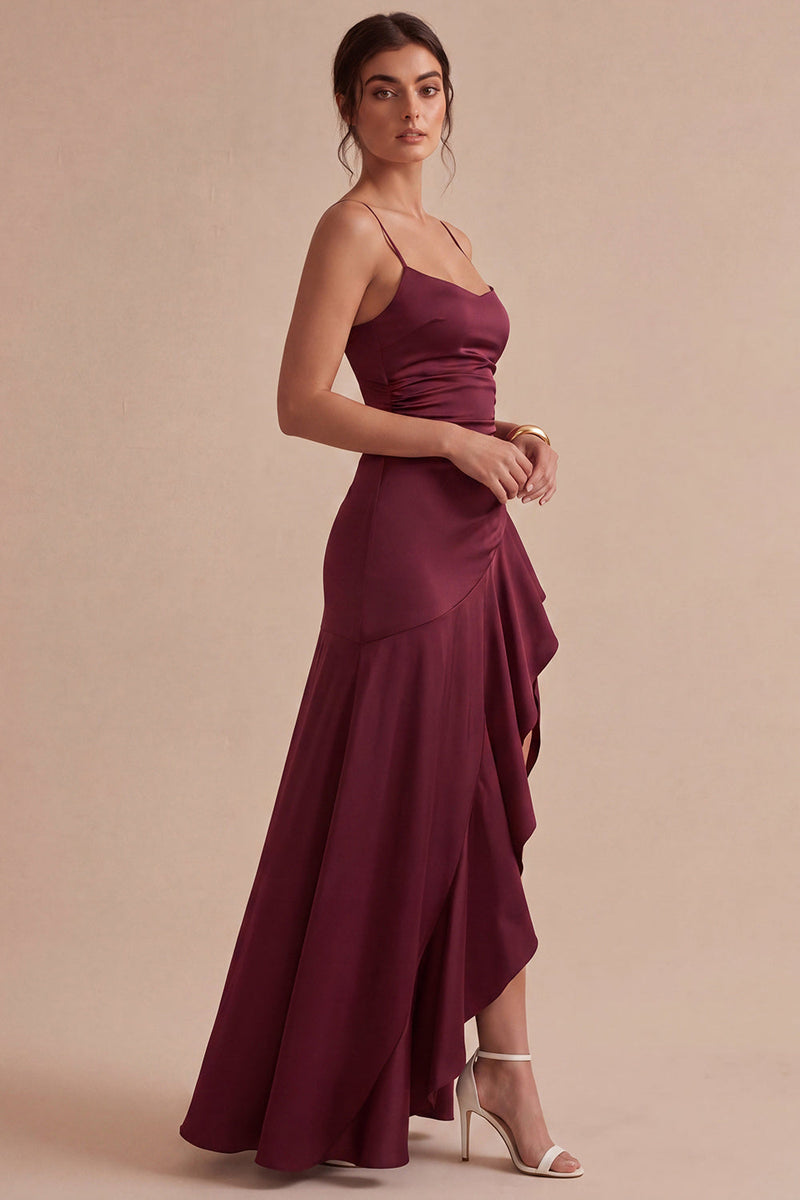 Load image into Gallery viewer, Burgundy Ruffled Mermaid Spaghetti Straps Long Formal Dress with Slit