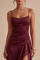 Load image into Gallery viewer, Burgundy Ruffled Mermaid Spaghetti Straps Long Formal Dress with Slit
