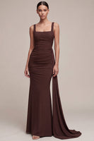 Load image into Gallery viewer, Brown Mermaid Square Neck Long Formal Dress with Side Cape