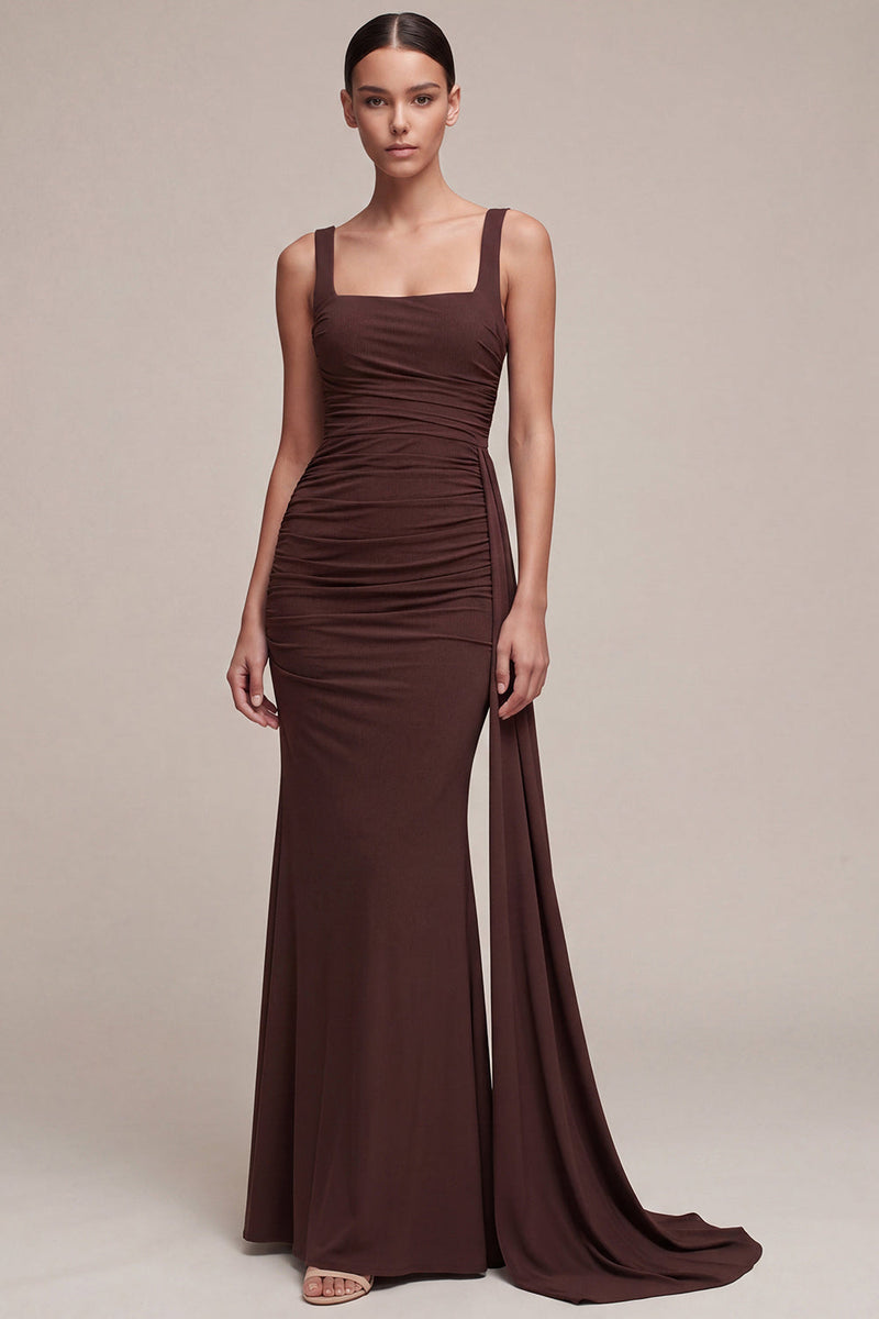 Load image into Gallery viewer, Brown Mermaid Square Neck Long Formal Dress with Side Cape