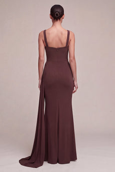 Brown Mermaid Square Neck Long Formal Dress with Side Cape