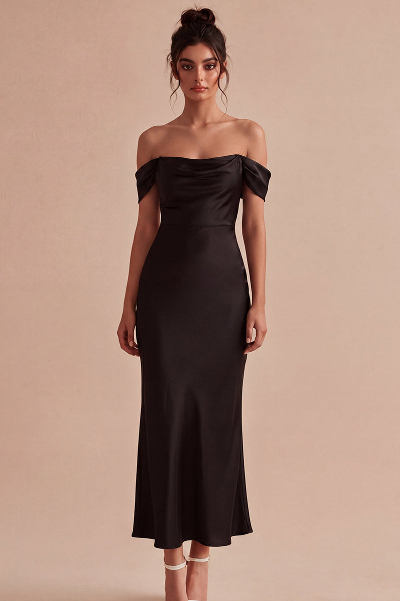 Load image into Gallery viewer, Black Mermaid Off the Shoulder Satin Long Formal Dress