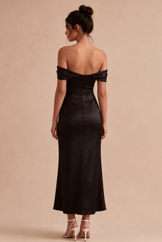 Black Mermaid Off the Shoulder Satin Long Formal Dress