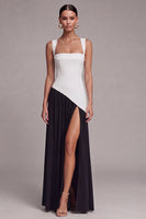 Load image into Gallery viewer, Black and White Square Neck Sheath Long Formal Dress with Slit