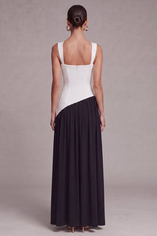Black and White Square Neck Sheath Long Formal Dress with Slit