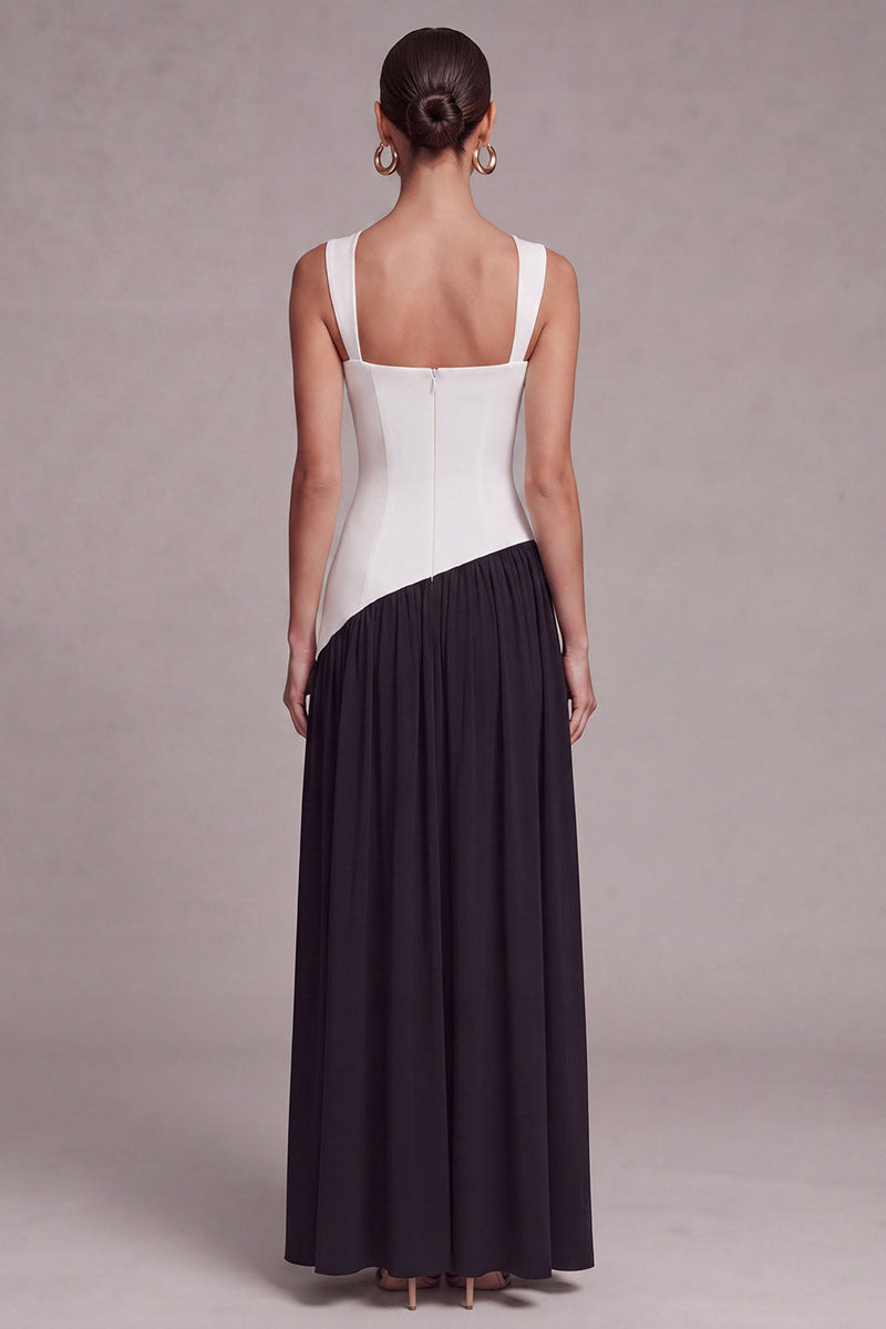Load image into Gallery viewer, Black and White Square Neck Sheath Long Formal Dress with Slit