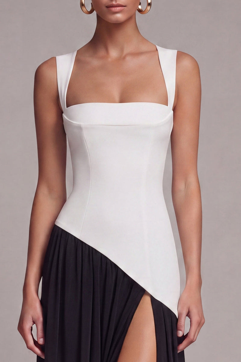 Load image into Gallery viewer, Black and White Square Neck Sheath Long Formal Dress with Slit