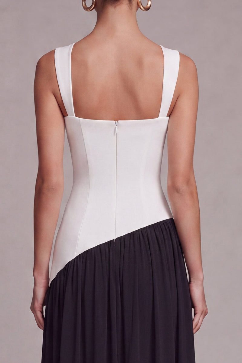 Load image into Gallery viewer, Black and White Square Neck Sheath Long Formal Dress with Slit