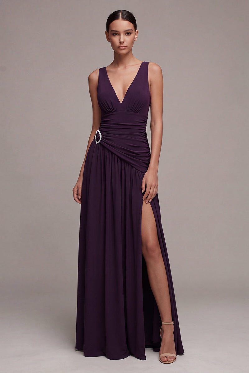 Load image into Gallery viewer, Plum Ruched V-Neck A Line Long Formal Dress with Slit