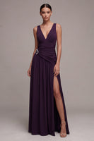 Load image into Gallery viewer, Plum Ruched V-Neck A Line Long Formal Dress with Slit