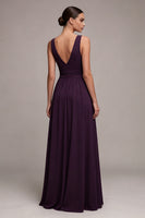 Load image into Gallery viewer, Plum Ruched V-Neck A Line Long Formal Dress with Slit