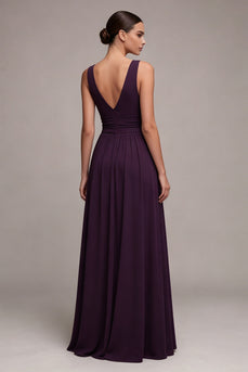 Plum Ruched V-Neck A Line Long Formal Dress with Slit