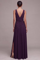 Load image into Gallery viewer, Plum Ruched V-Neck A Line Long Formal Dress with Slit