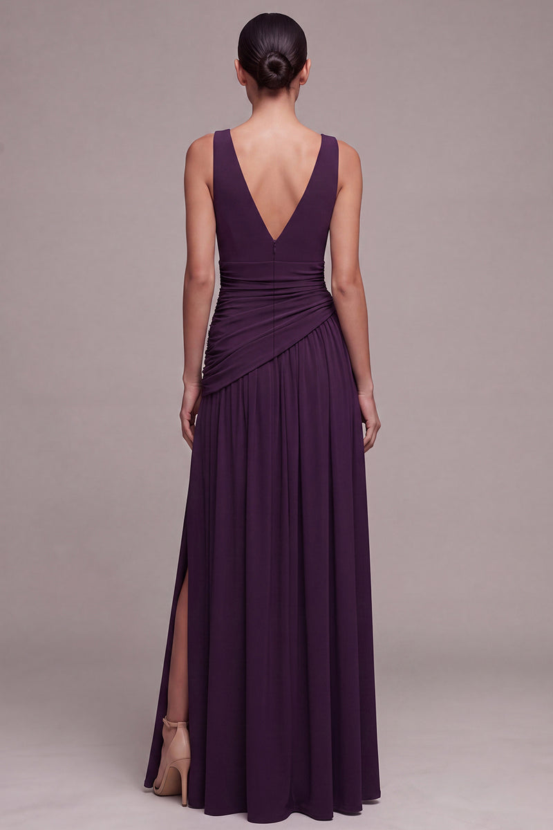 Load image into Gallery viewer, Plum Ruched V-Neck A Line Long Formal Dress with Slit