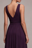 Load image into Gallery viewer, Plum Ruched V-Neck A Line Long Formal Dress with Slit