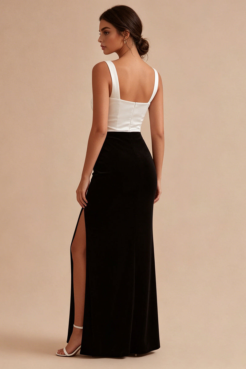 Load image into Gallery viewer, Black and White Thick Straps Mermaid Long Formal Dress with Slit