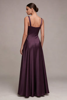Plum Square Neck A Line Long Formal Dress