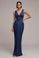 Load image into Gallery viewer, Navy Corset Mermaid Ruched V-Neck Long Formal Dress with Lace