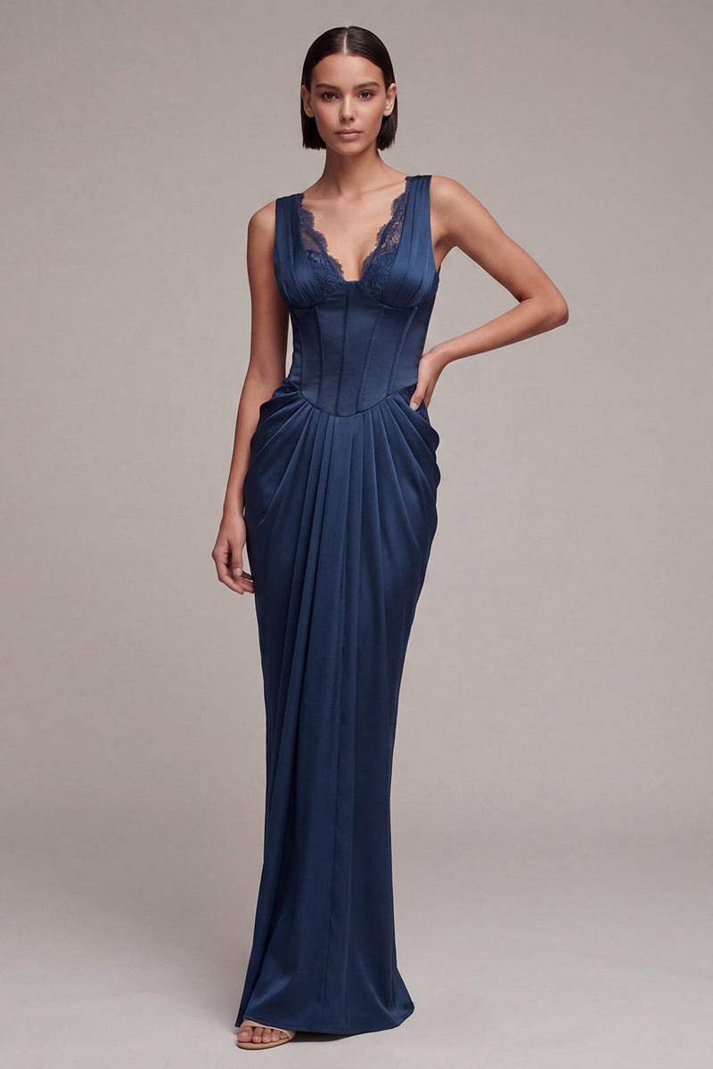 Load image into Gallery viewer, Navy Corset Mermaid Ruched V-Neck Long Formal Dress with Lace