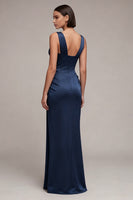 Load image into Gallery viewer, Navy Corset Mermaid Ruched V-Neck Long Formal Dress with Lace