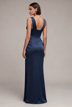 Navy Corset Mermaid Ruched V-Neck Long Formal Dress with Lace